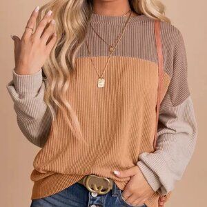 Khaki Block Long Sleeve Ribbed Loose Casual Top